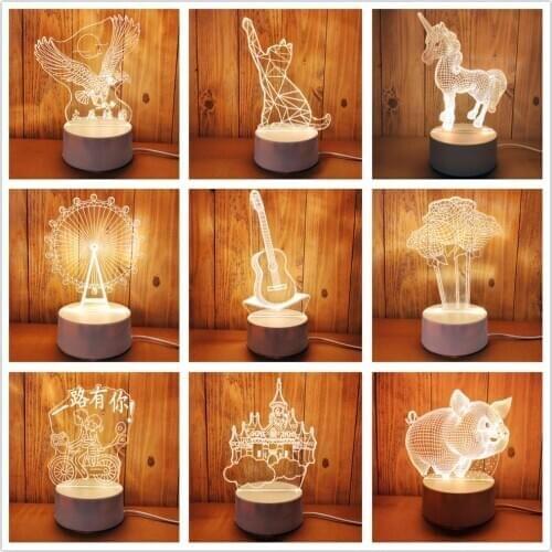 Creative 3D Illusion Table Lamp Cat Rose Guitar Eagle Pig unicorn Ferris wheel usb Night Lights For Home Bedroom Decor Lights