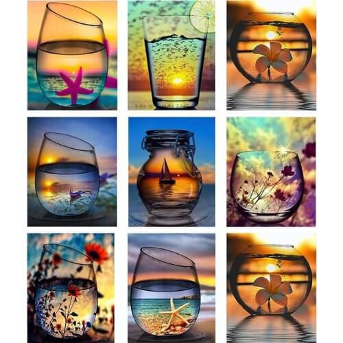 5D DIY Diamond Painting Cross Stitch Sunset Glass Bottle Scenery Mosaic Embroidery Full Square Round Drill Home Room Decor Art
