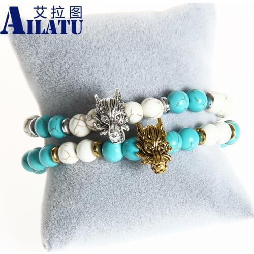 Ailatu New Arrival Unisex Style Wild Wolf Bracelet Jewelry with Simulated Howlite Stone