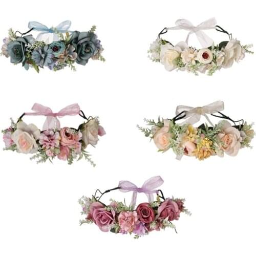 Flower Wreath Crown Floral Garland Handmade Bridal Hair Wreath with Ribbon Photo Props Accessories Holiday Beach Party