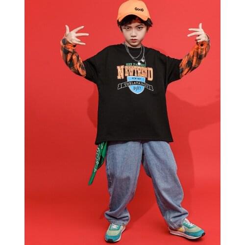 Kids Boys Hip Hop 2 Pieces Sets Long Sleeve T-shirt Denim Pants Tracksuits Children Tees Shirts Jeans Stage Show Dance Clothing