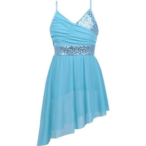 Kids Teens Shiny Sequins Tulle Dancewear Girls Ballet Figure Skating Dress Gymnastics Leotard Performance Lyrical Dance Costumes