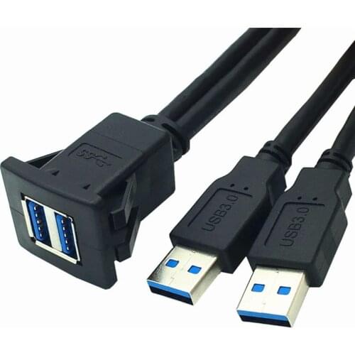 Dual USB 3.0 A Male to Female Snap in Panel Mount Extension Black Cable
