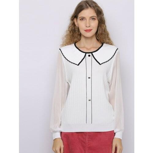 Doll Collar Elegant Casual Blouse Knitted Sweater Outerwear Chiffon Long Sleeve Spring Summer Pullover Women Tops Pull T20688