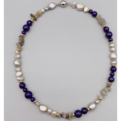 FoLisaUnique 6mm 8mm 10mm Blue Lapis Necklace For Women Girls Gold Filled Beads Freshwater Gray Baroque Pearls Labradorite