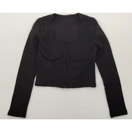 GetSpring Women T Shirt Square Collar Knitted Women Tshirt Long Sleeve High Waist Short T Shirt Black Female T-shirt 2021 New