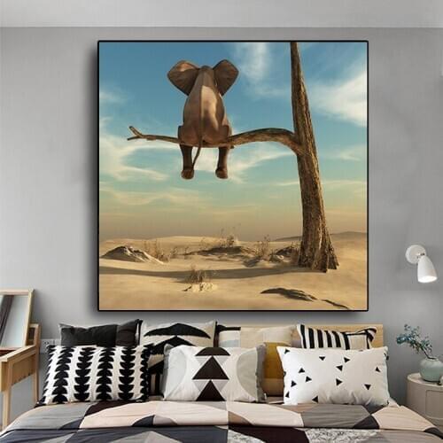 Funny Elephant on Tree Modern Canvas Painting Nordic Posters and Print Scandinavian Cuadros Wall Art Picture for Home Decoration