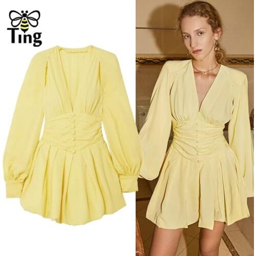 Tingfly Sexy V Neck Long Lantern Sleeve Mini Short Dresses High Waist Yellow Color Summer Autumn Dress Vestidos Robes Zaful Hot