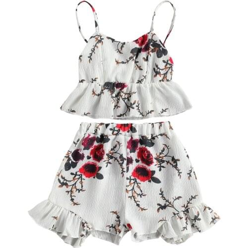 2Pcs Toddler Flower Print Summer Casual Outfits Baby Girls Sleeveless Spaghetti Strap Square Collar Tanks Tops Ruffle Shorts