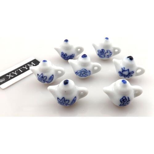 Fashion antique teapot ceramic pendants, antique Chinese teapot ceramic charms, blue-white porcelain style ceramic charms