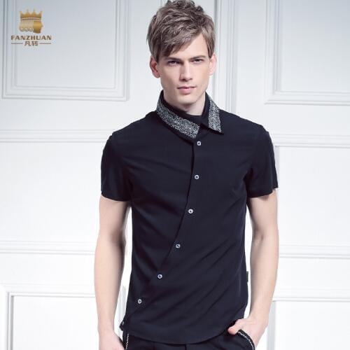 Free shipping New male fashion FanZhuan Mens placket personality irregular oblique collar 612066 Embroidery Shirt Short Sleeved