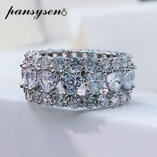 PANSYSEN 100% 925 Sterling Silver Heart Simulated Moissanite Diamond Wedding Bands Engagement Ring Luxurty Round Circle Rings