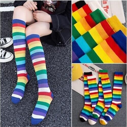 Rainbow Knee Socks Female Korean Style Women Long Cotton Socks Japanese Cute Girls Striped Socks Street Fashion Knee High Socks