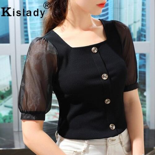 Spring Summer Square Collar Puff Sleeve Gothic Shirts Sexy OL Tops Harajuku Button Shirts Korean Lace Fashion Charming Clothes