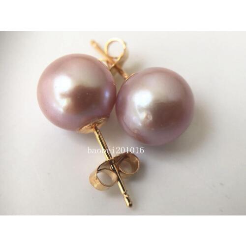 Purple Round South Sea Cultured Pearl 9-10mm 14K Yellow Gold Stud Earring AAA 65