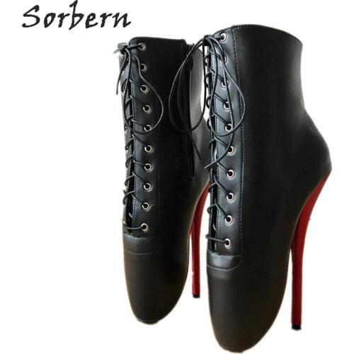 Sorbern Custom Wide Fit Ankle Lace Up Ankle Boots Ballet Stilettos 7 Inch Sexy High Heel Fetish Ballet Shoes Black Matte Devious