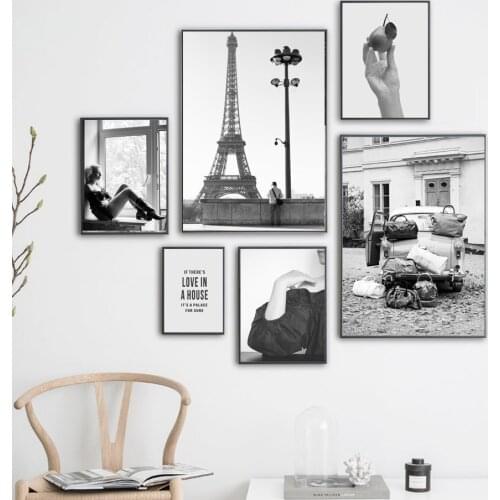 Modern Black White Paris Tower Car Girl Quotes Wall Art Canvas Painting Nordic Poster And Prints Wall Pictures For Living Room