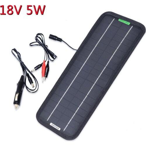 5W 18V DC Output Monocrystalline Solar Panel Charger With Car Cigarette Lighter Plug + Battery Charging Alligator Clip Cable