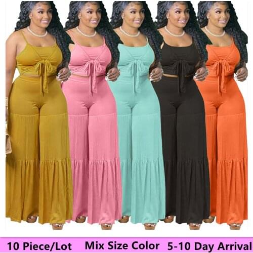 Xl-5xl Mix Size Color Bulk Items Wholesale Two Piece Set Women Plus Size Solid Tank Top Bow Flared Pants Sets 5-10day Arrival