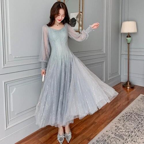 Summer Sequin Fairy Dress Women Elegant Sweet Puff Sleeve Korean Slim Solid Maxi Dress Casual Temperament Club Party Dress 2021