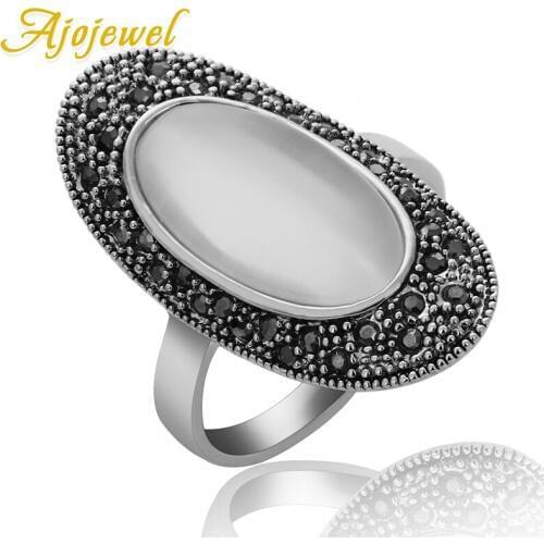 Ajojewel Pave Black Rhinestone Oval Shaped White Opal Stone Rings For Women Vintage Finger Ring Fashion Accessories