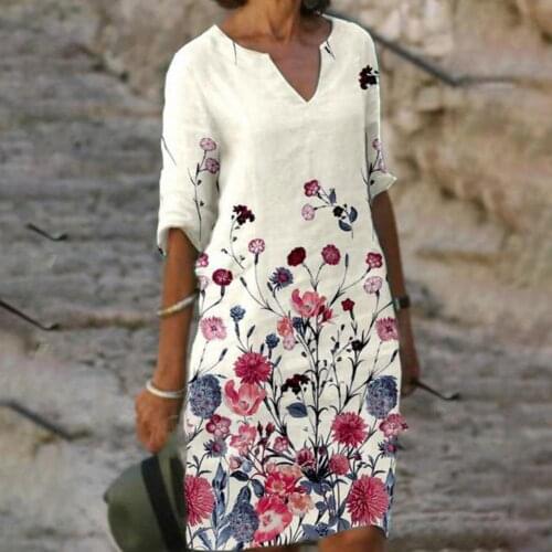 Women Dress Vintage Floral Print Sundress 2021 Summer Bohe Elegant V Neck Half Sleeve Loose Dresses Female Casual Loose Vestidos