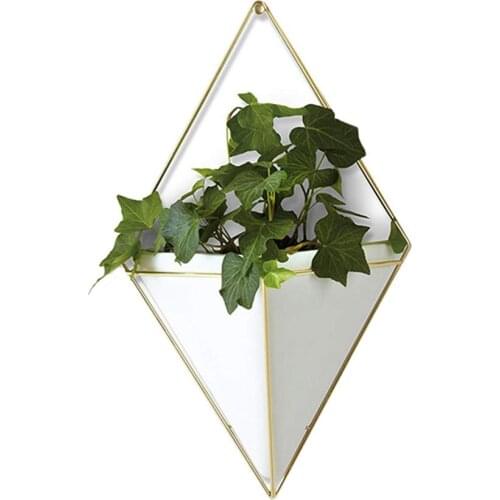 2PCS Nordic Style Hanging Planter Vase Electroplated Iron Frame White Ceramic Geometric Flower Pot Hanging Wall Decor Plant Pots