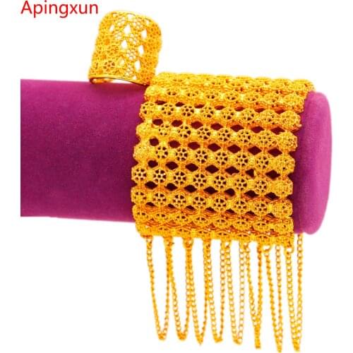 Apingxun New Arrival 24K Gold Color Tassles Cuff Bracelet&Ring Set French/African/Arab Women Bridal Wedding Jewelry Party Gifts