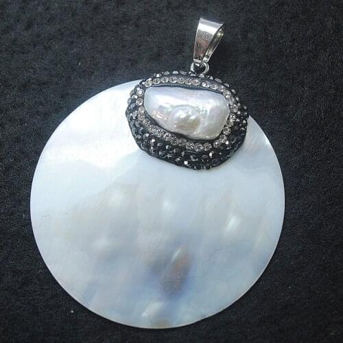 White shell pendants with freshwater pearl with rhinestone jewelry bracelets making diy jewelry parts round shape