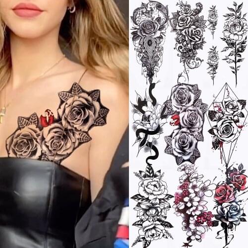 Big Fake Flower Peony Tattoo Sticker Black Rose Jewelry Temporary Tattoo Geometric Snake Waterproof Tatoo For Women Girls