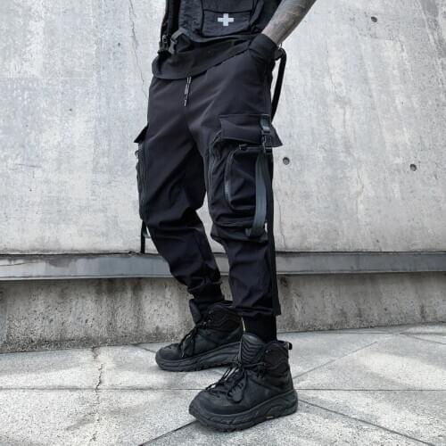 Hip Hop Cargo Pants Men Streetwear Ribbons Black Trousers Casual Harem Joggers Sweatpants Harajuku 2021 New Mens Clothing