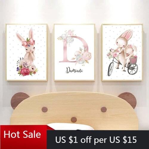 Baby Posters Personalized Girls Name Custom Canvas Painting Animal Nursery Prints Wall Decor Pictures For Baby Room Decor