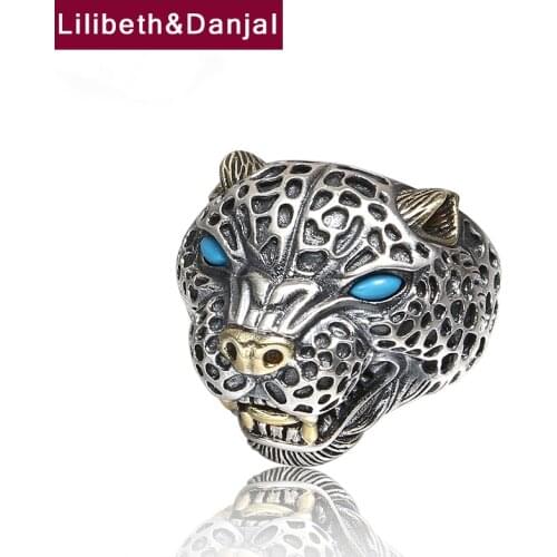 Men Opening Finger Ring 925 Sterling Silver Jewelry Inlaid Turquoise Leopard Adjustable Ring Fine Jewelry 2018 FR72