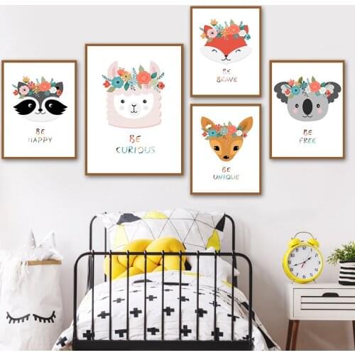 Raccoon Llama Fox Sika Deer Koala Flower Animal Wall Art Canvas Painting Nordic Posters And Prints Wall Pictures Kids Room Decor