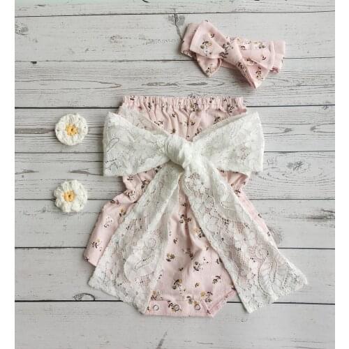 FOCUSNORM 2 Colors Baby Girls Sweet Summer Rompers Strap Sleeveless Flowers Printed Lace Bowknot Jumpsuits Headband 0-24M