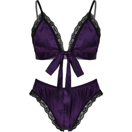 Men Two-piece Satin Pajama Set Lace Trim Lingerie Sissy Nightwear Outfits Adjustable Shoulder Straps Lace-up Bra Top with Briefs