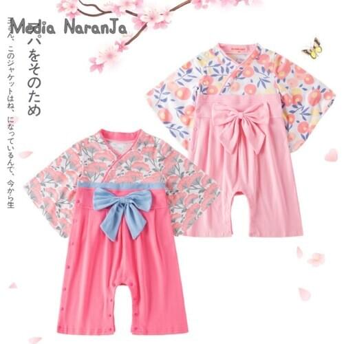 Girls' Summer Long-Sleeved Baby Jumpsuit Japanese-Style Bow RomperPrinted Kimono costume