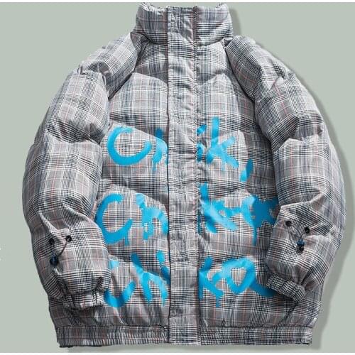Hip Hop Retro Letter Printing Parka Men Harajuku Streetwear Plaid Texture Printing Parkas 2021Winter Thicken Couple Coats Jacket