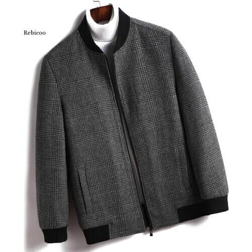Mens Wool Jacket Autumn Mens Casual Plaid Baseball Jacket Fashion Warm Slim Fit Coats Male High Quality