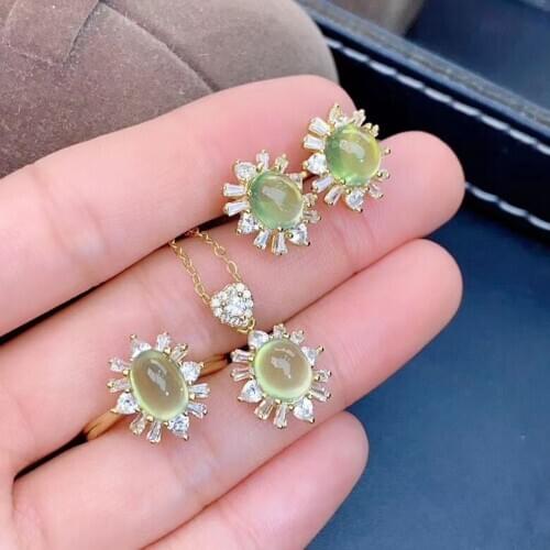 New Design Prehnite Set Natural And Real Prehnite Jewelry set 925 sterling silver 1pc Ring,1pc Pendant,2pcs Earring