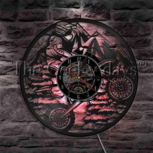 Motorbike Riding Vinyl Record Wall Clock Mountain Dirtbike Motorcycle Extrem Sport Decorative Lighting LED Hanging Light