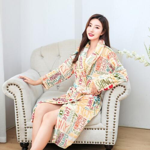New Pajamas Flannel Nightgown Colorful Letter Printed Robe Women Cardigan Medium Length Pajamas Casual Home Clothing
