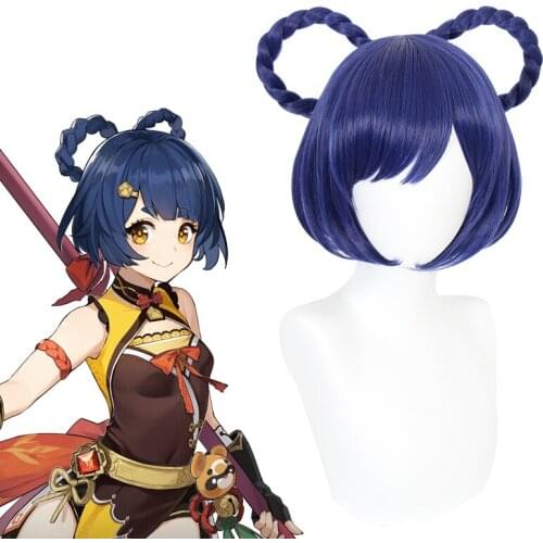 Genshin Impact Xiangling Wig Cosplay Blue Short 8-Shaped Braids Heat Resistant Hair Halloween Role Play Genshin Impact Wig AC