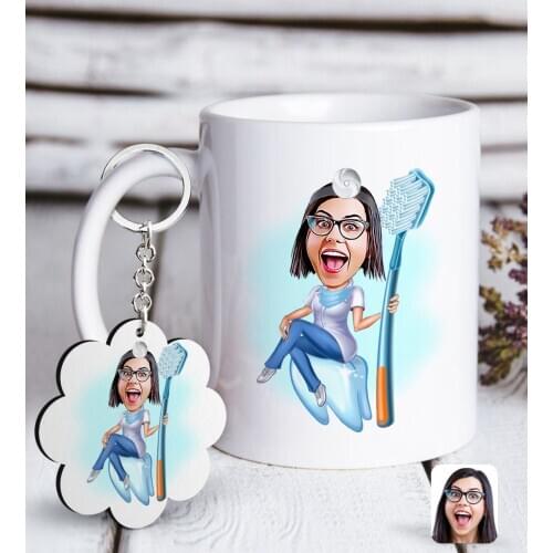 Personalized Women 'S Dentist Caricature Of White mug And Keychain Gift Seti-2