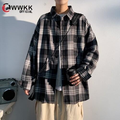 WWKK Men Harajuku Color Block Plaid Shirt 2021 Mens Streetwear Thick Shirts Long Sleeve Male Vintage Korean Fashions Clothes