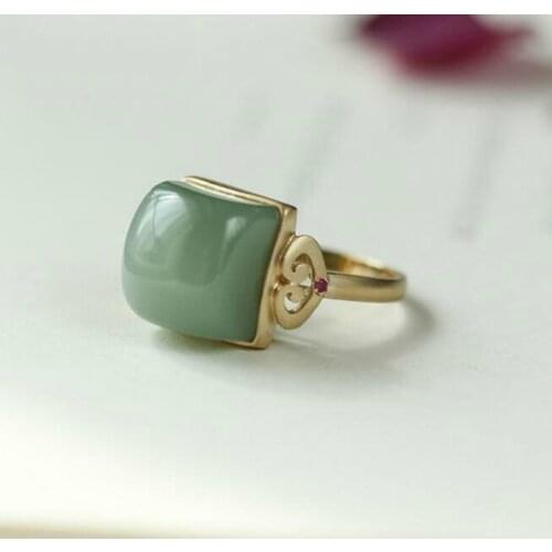 Silver inlaid natural Hetian jasper square opening adjustable ring Chinese retro palace style charm womens brand jewelry