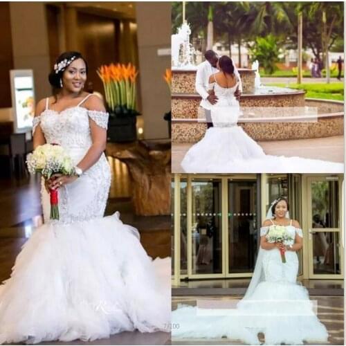 African Plus Size Wedding Dresses Spaghetti Straps Lace Appliques Beading Mermaid Wedding gowns Tiered Tulle skirt Long Bridal