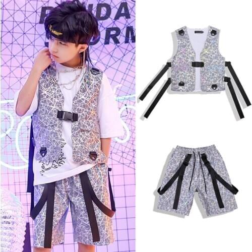 Reflective Hip Hop Dance Costume Boys Hiphop Vest Pants Silver Performance Suit Girls Modern Jazz Dance Drum Stage Outfit BL5488