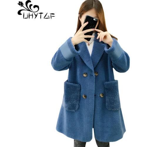 UHYTGF Winter fur coat woman quality sheep shearing plus size fur jacket Double-breasted lambswool elegant female fur coat 353