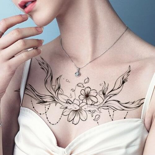 Temporary Tattoo Sticker Small Goldfish Flower Pearl Chain Sexy Chest Back Fake Tatoo Waterproof Flash Tatto Art for Woman Girl